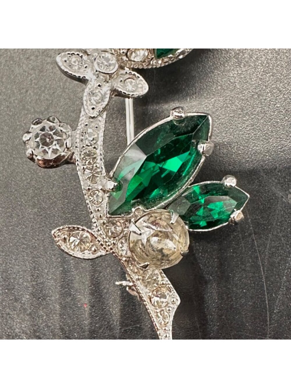 Vintage Eisenberg Ice Floral Brooch Pin Green Clear Rhinestone Silver Tone Retro - Picture 10 of 12